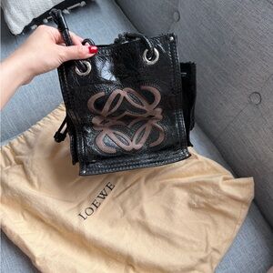 Loewe mini duo logo tote, vintage, black patent leather